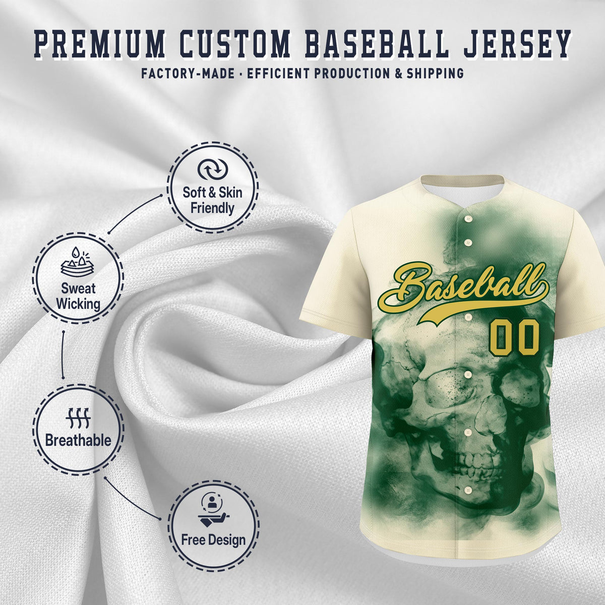 Custom Cream Dark Green Old Gold skeleton Graffiti Pattern Quick Dry Baseball Jersey| KXKSHOP
