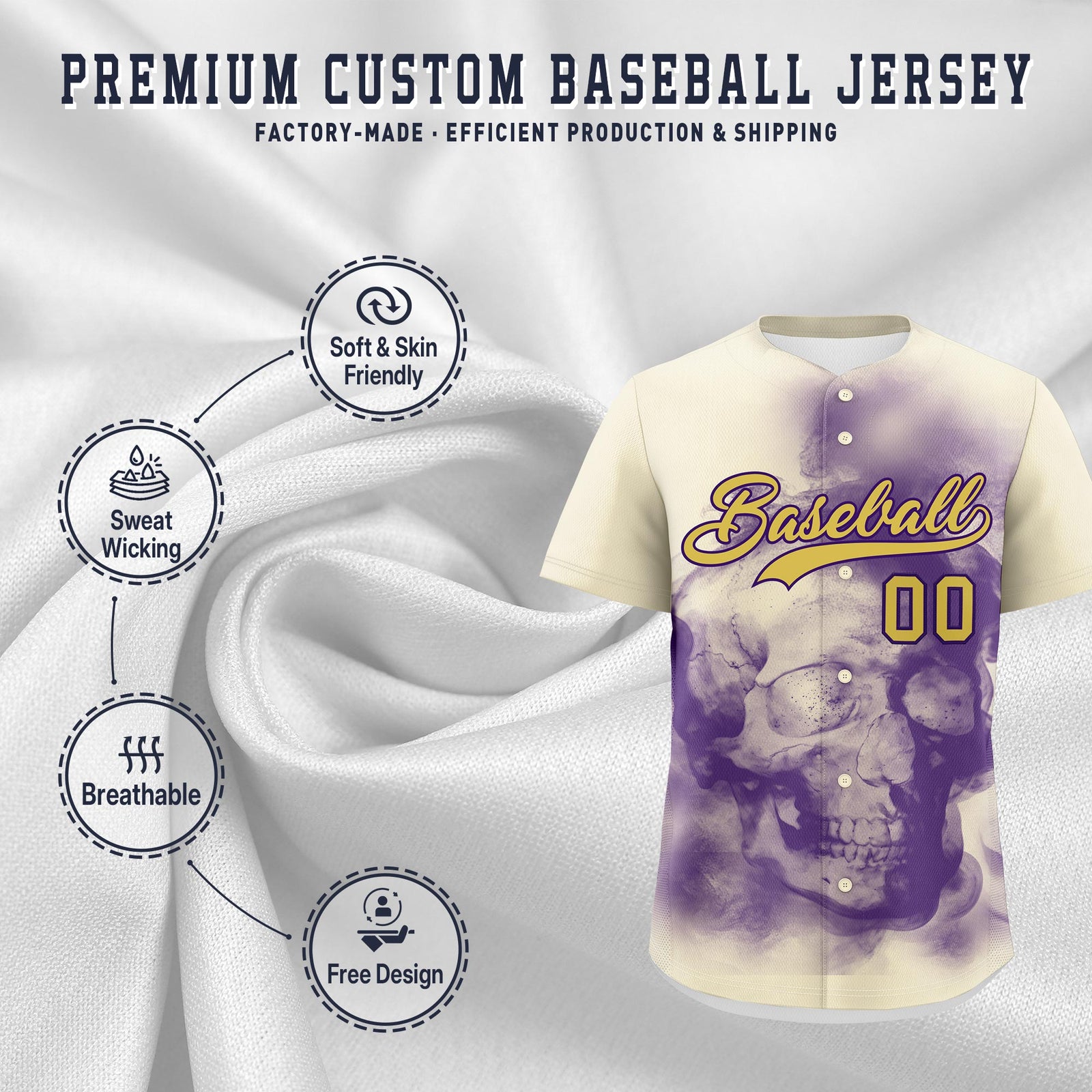 Custom Cream Purple Old Gold skeleton Graffiti Pattern Lightweight Baseball Jersey| KXKSHOP