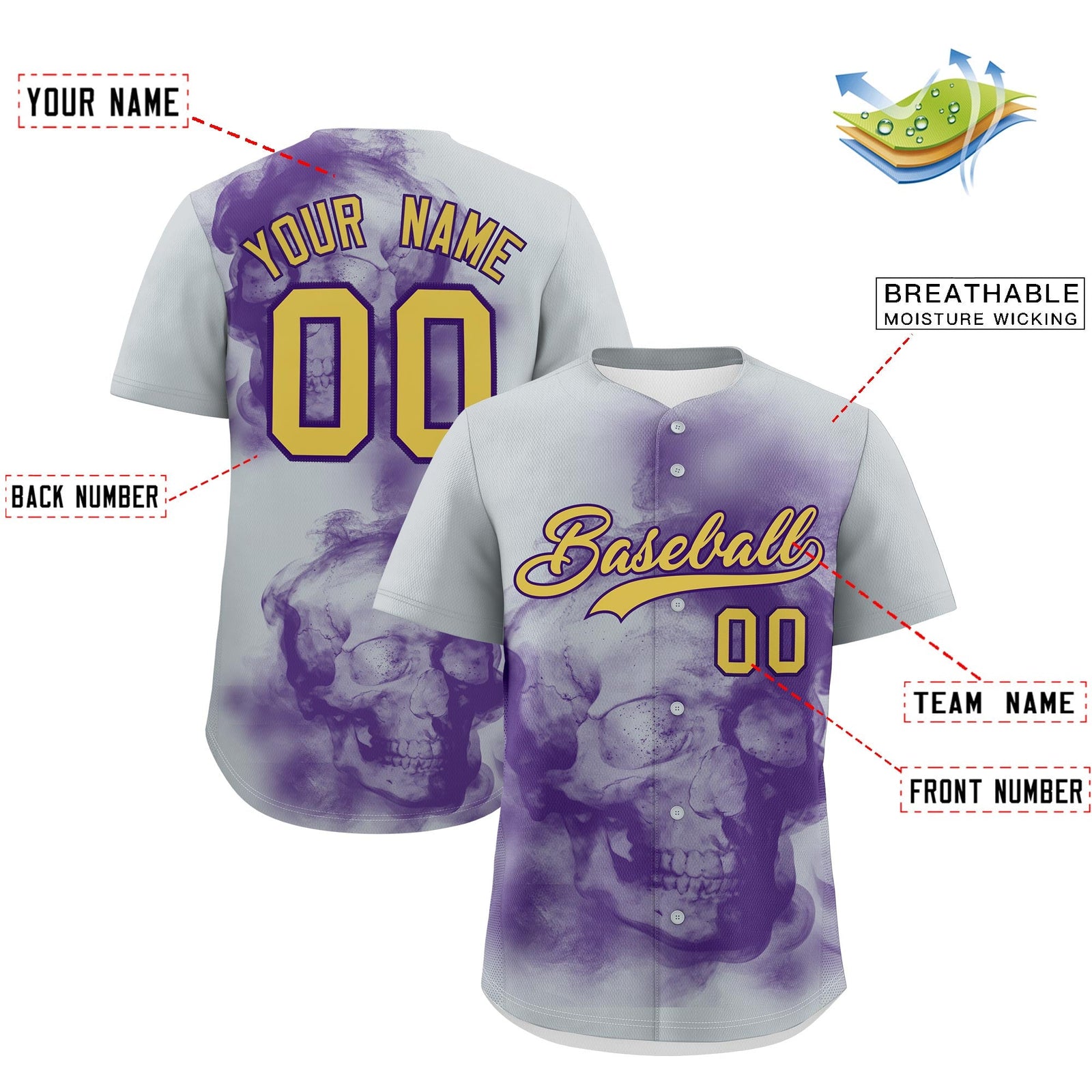 Custom Silver Purple Old Gold skeleton Graffiti Pattern Lightweight Baseball Jersey| KXKSHOP