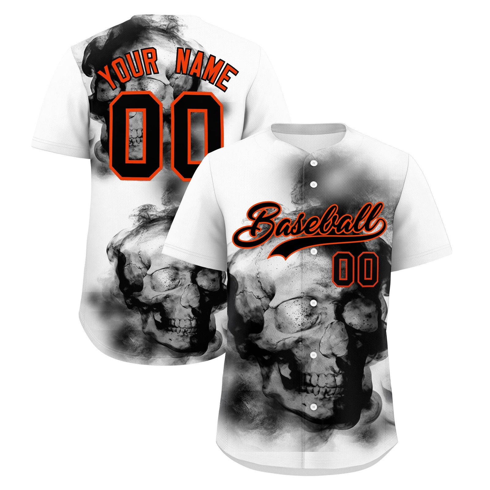 Custom White Black Orange skeleton Graffiti Pattern Quick Dry Baseball Jersey| KXKSHOP