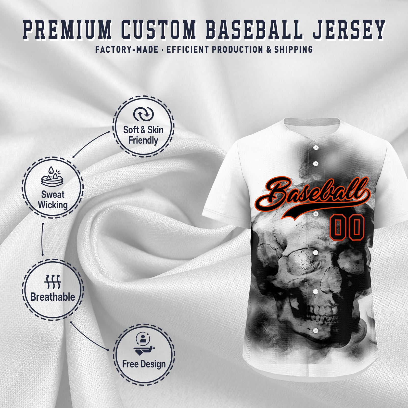 Custom White Black Orange skeleton Graffiti Pattern Quick Dry Baseball Jersey| KXKSHOP