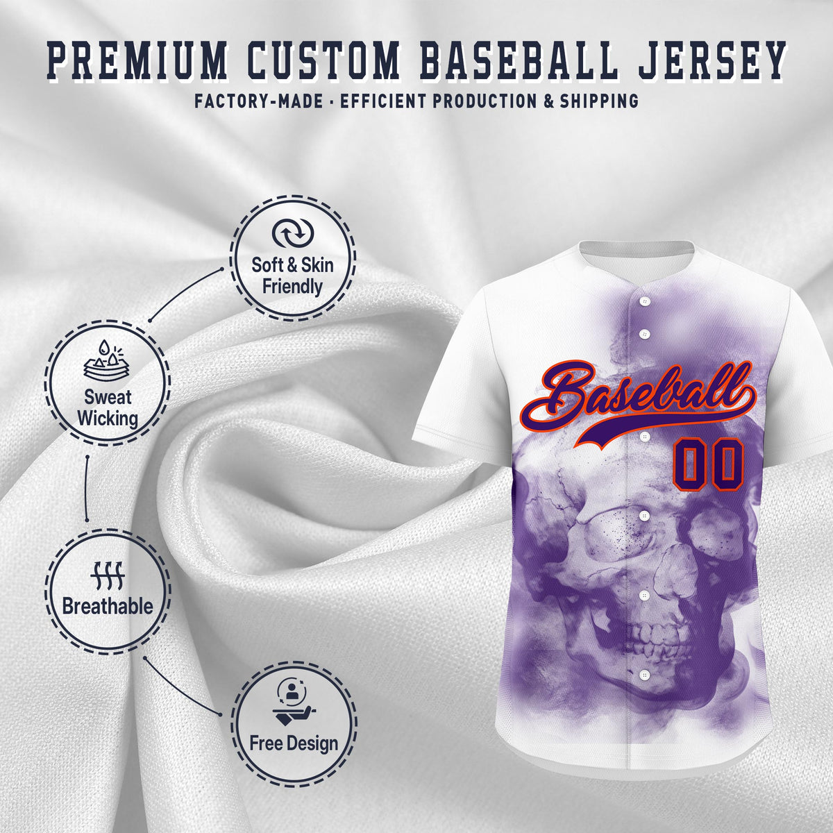 Custom White Purple Orange skeleton Graffiti Pattern Lightweight Baseball Jersey| KXKSHOP