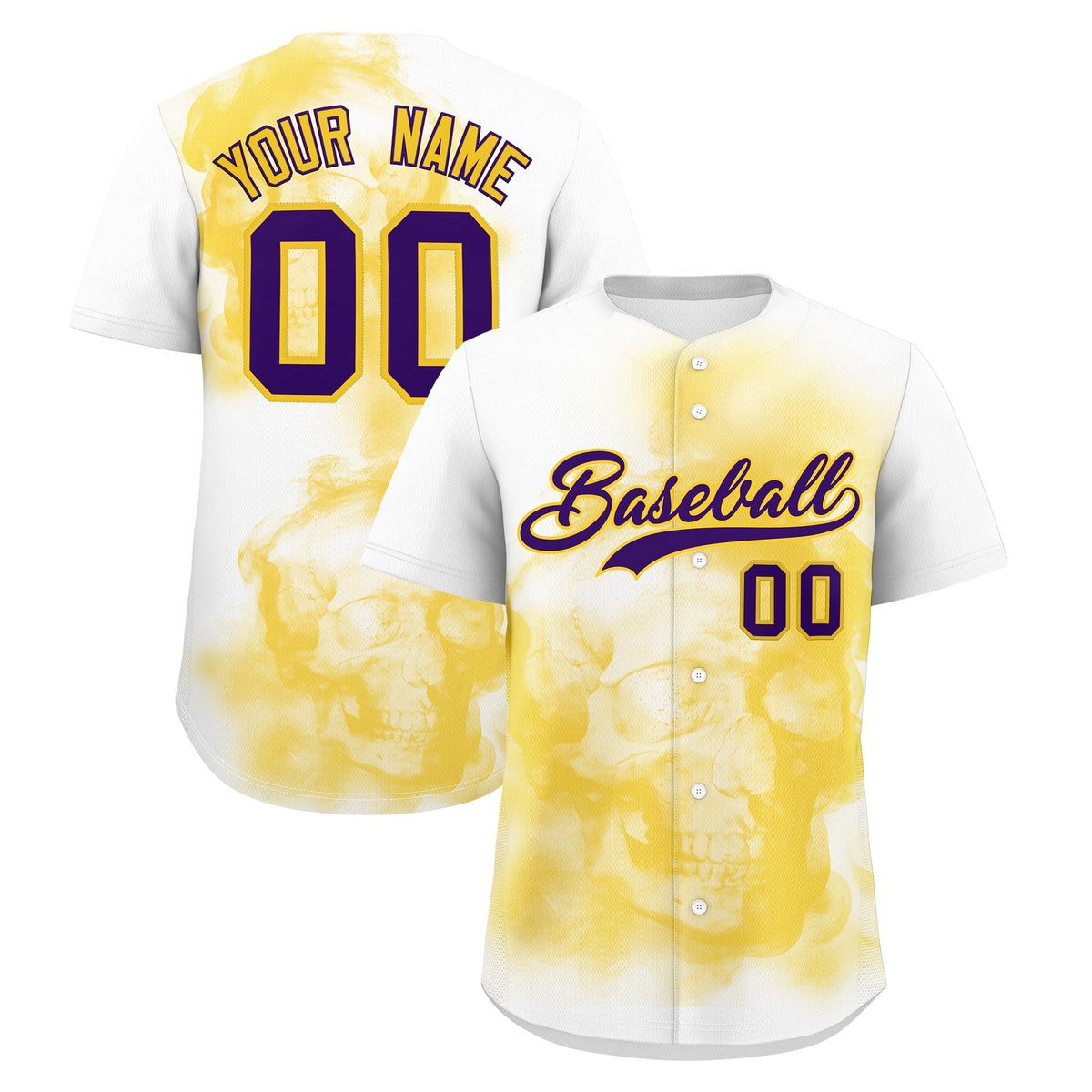 Custom White Gold Purple skeleton Graffiti Pattern Quick Dry Baseball Jersey| KXKSHOP