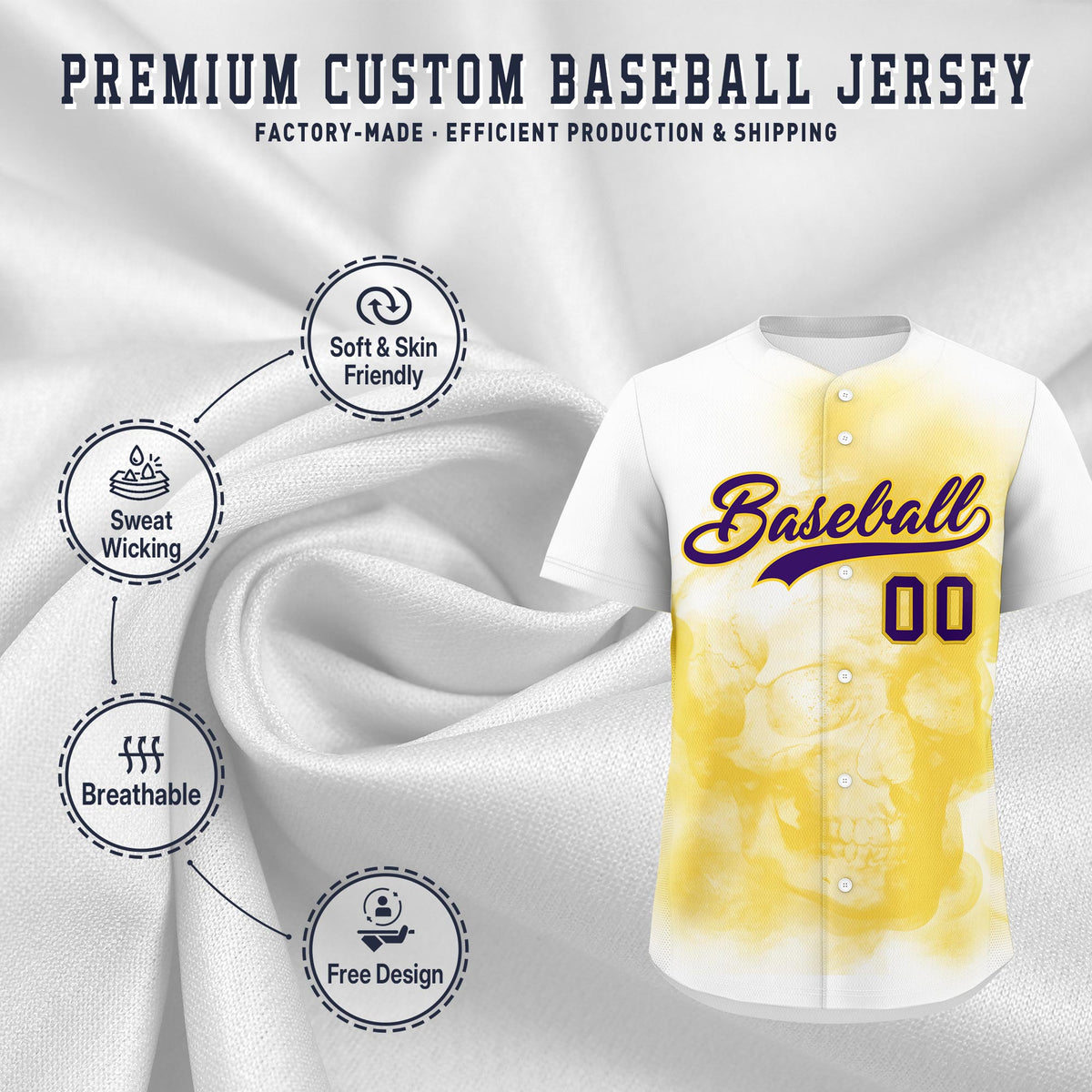 Custom White Gold Purple skeleton Graffiti Pattern Quick Dry Baseball Jersey| KXKSHOP