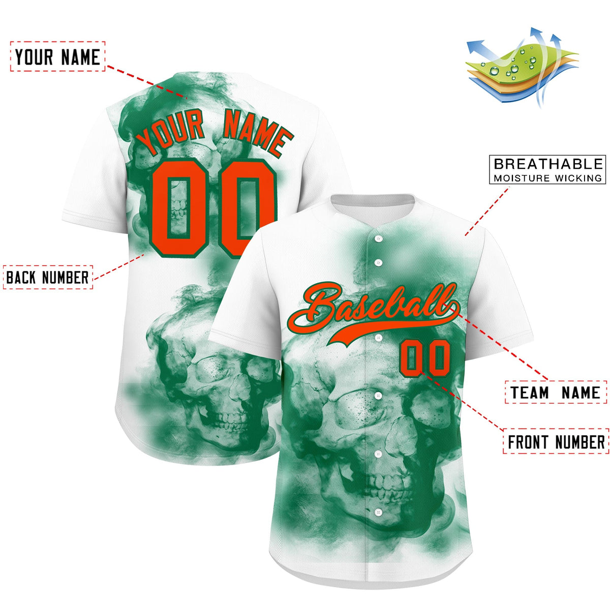 Custom White Kelly Green Orange skeleton Graffiti Pattern Quick Dry Baseball Jersey| KXKSHOP
