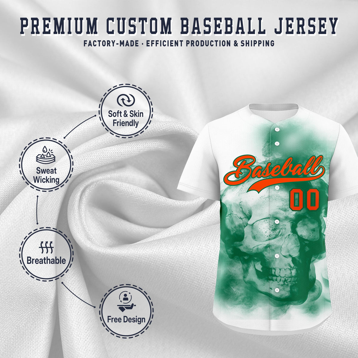 Custom White Kelly Green Orange skeleton Graffiti Pattern Quick Dry Baseball Jersey| KXKSHOP