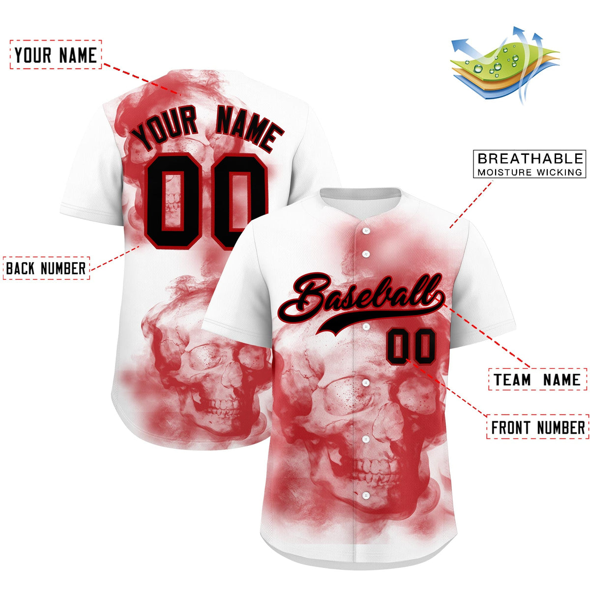 Custom White Red Black skeleton Graffiti Pattern Lightweight Baseball Jersey| KXKSHOP