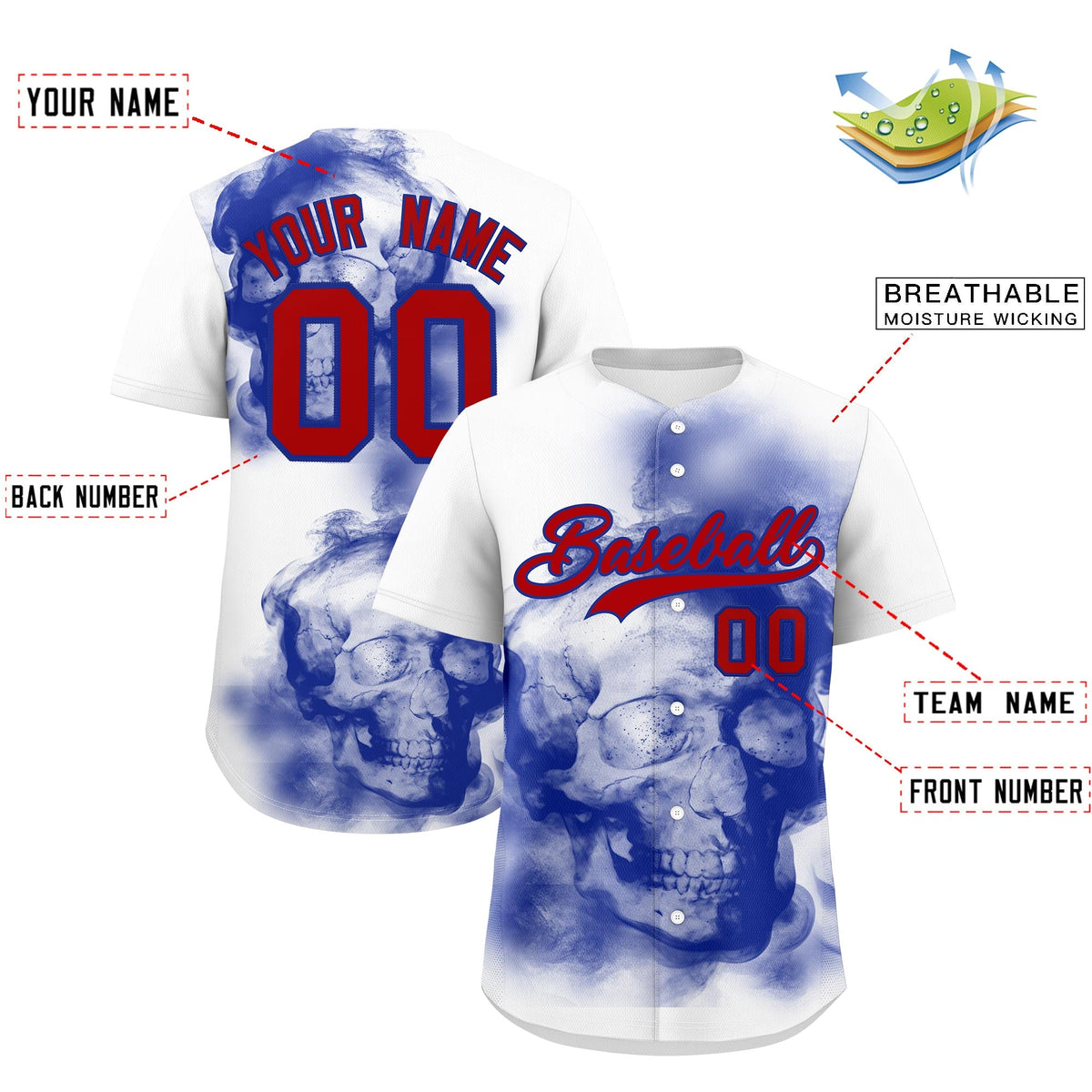 Custom White Royal Blue Red skeleton Graffiti Pattern Quick Dry Baseball Jersey| KXKSHOP