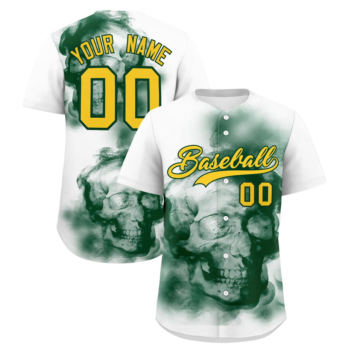 Custom White Dark Green Gold skeleton Graffiti Pattern Lightweight Baseball Jersey| KXKSHOP