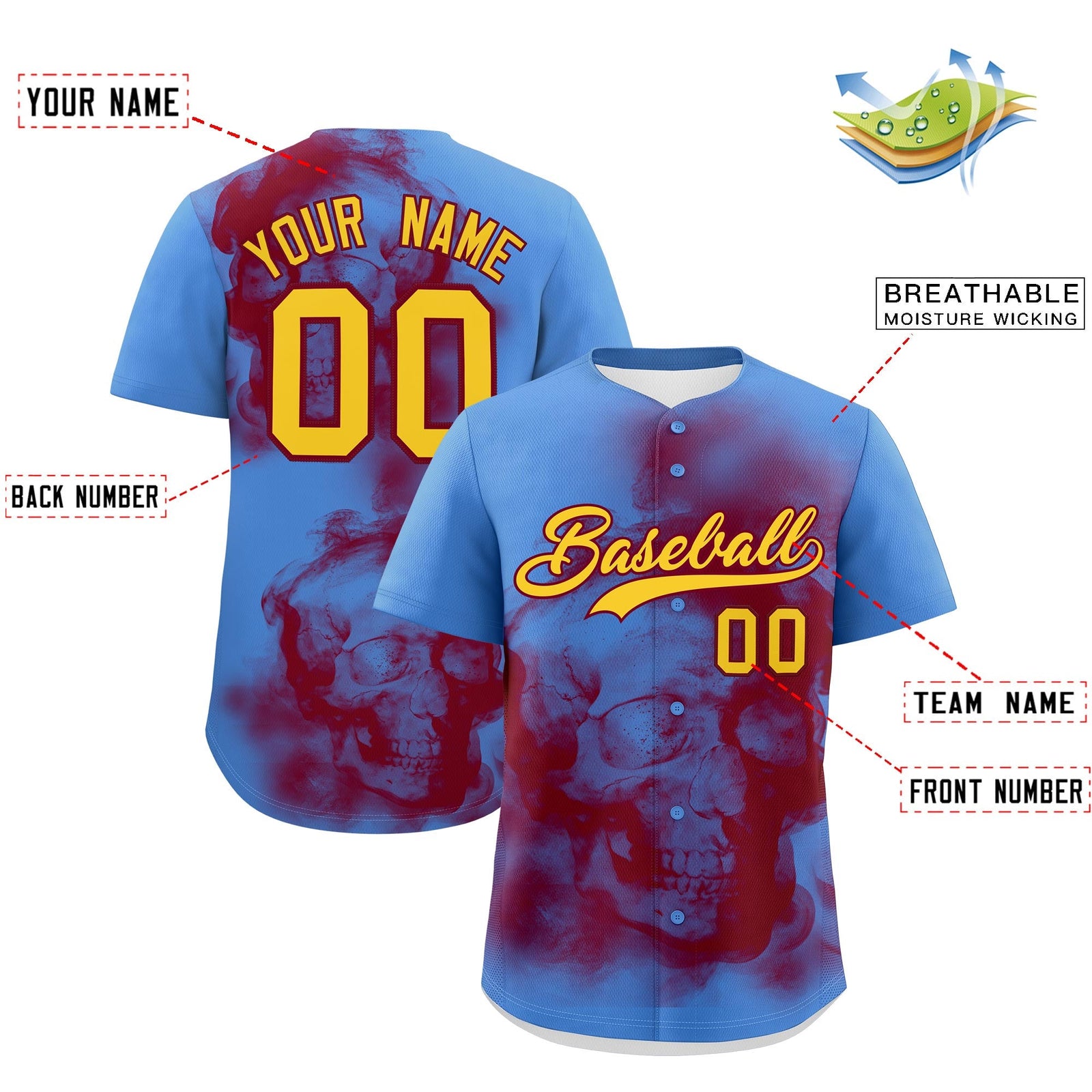 Custom Powder Blue Crimson Gold skeleton Graffiti Pattern Quick Dry Baseball Jersey| KXKSHOP