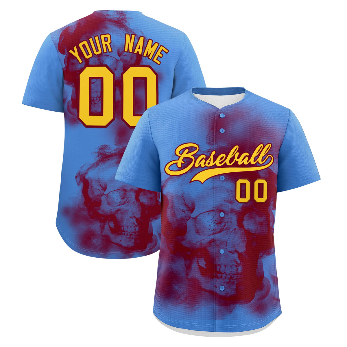 Custom Powder Blue Crimson Gold skeleton Graffiti Pattern Quick Dry Baseball Jersey| KXKSHOP
