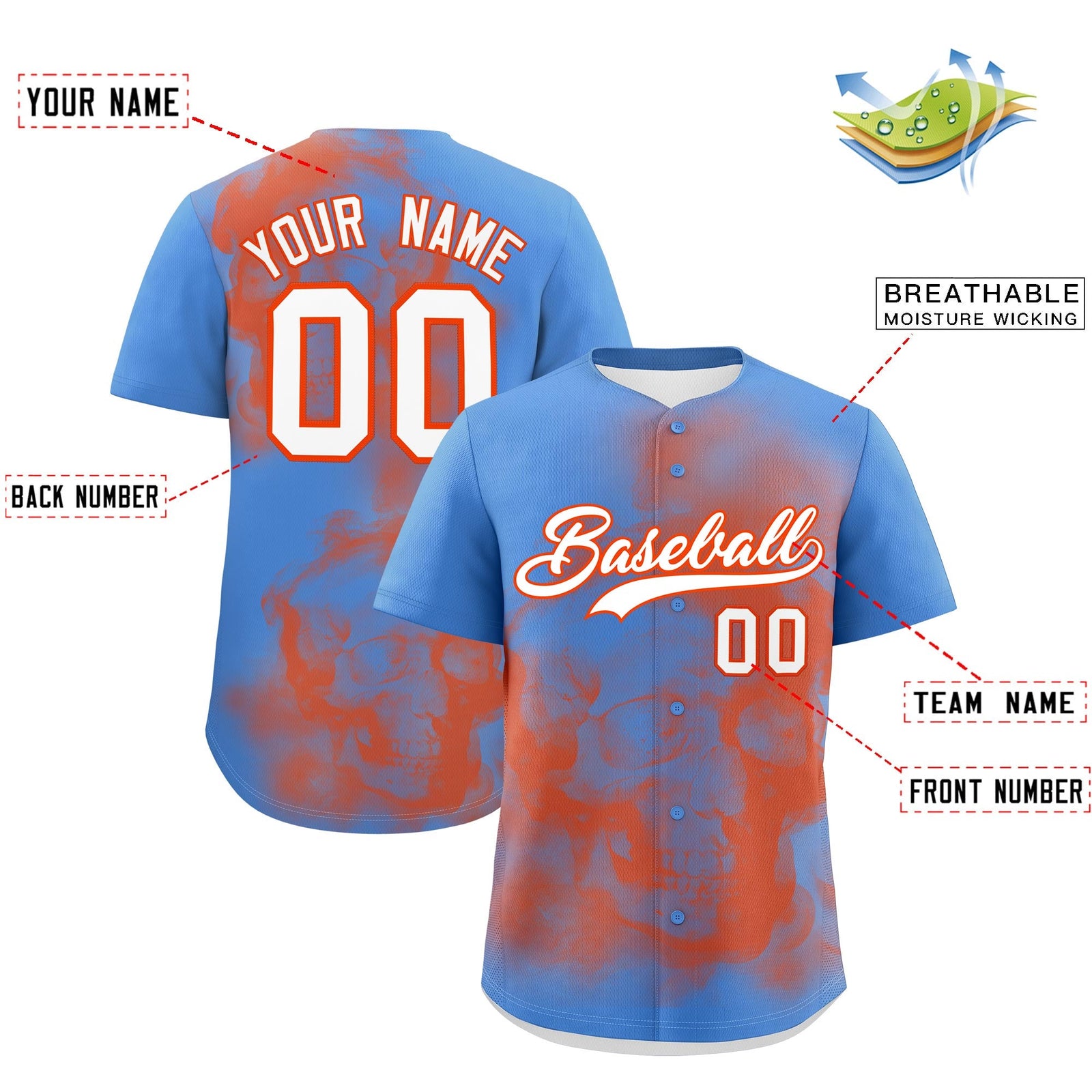Custom Powder Blue Orange White skeleton Graffiti Pattern Lightweight Baseball Jersey| KXKSHOP