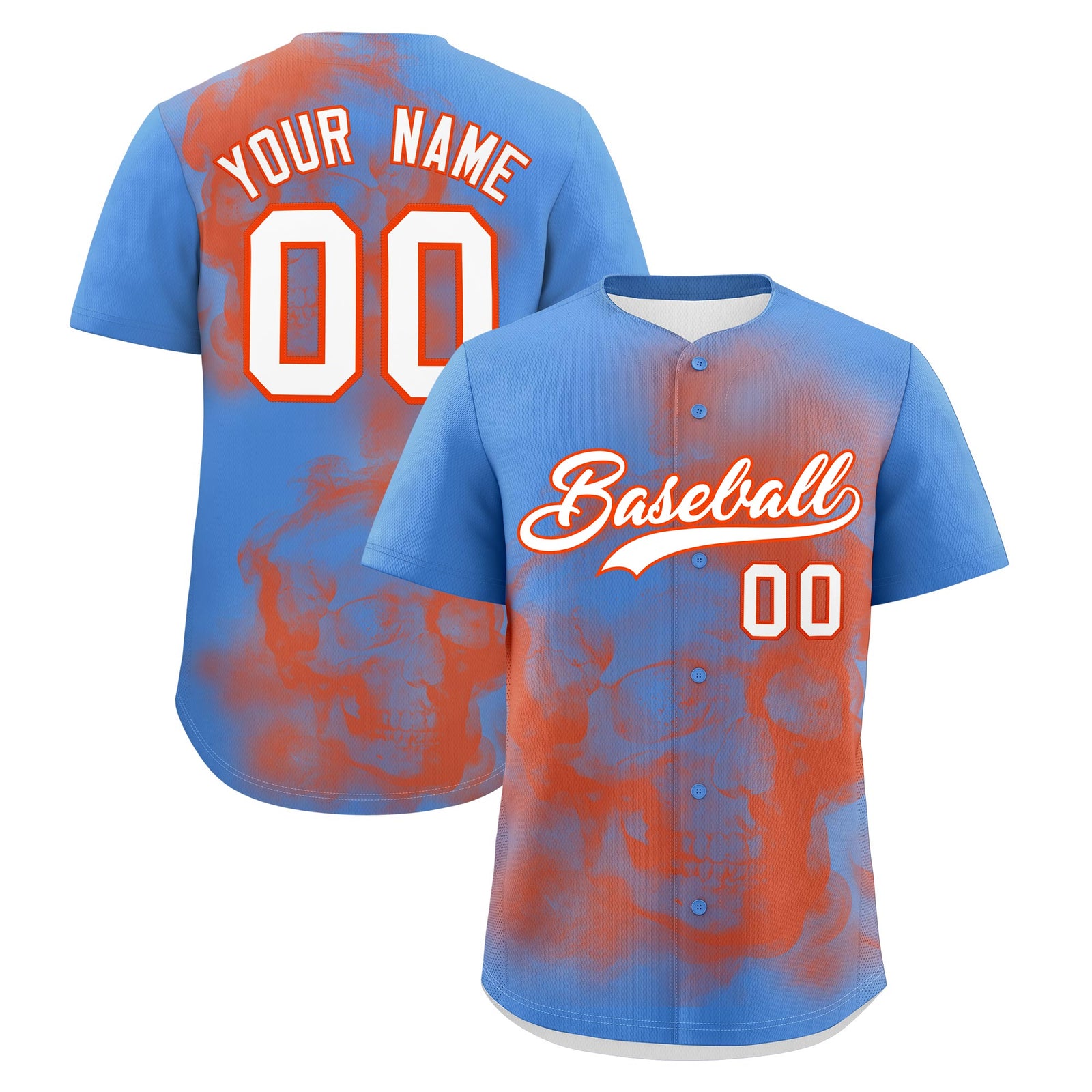 Custom Powder Blue Orange White skeleton Graffiti Pattern Lightweight Baseball Jersey| KXKSHOP