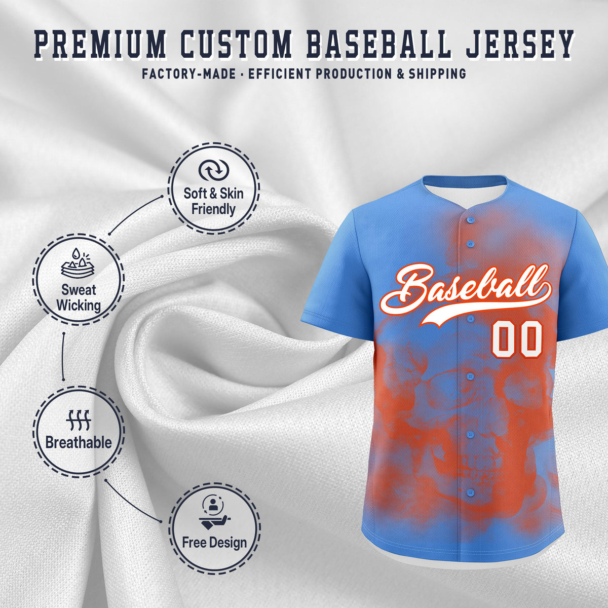 Custom Powder Blue Orange White skeleton Graffiti Pattern Lightweight Baseball Jersey| KXKSHOP