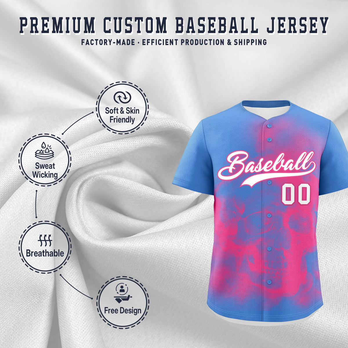 Custom Powder Blue Pink White skeleton Graffiti Pattern Quick Dry Baseball Jersey| KXKSHOP