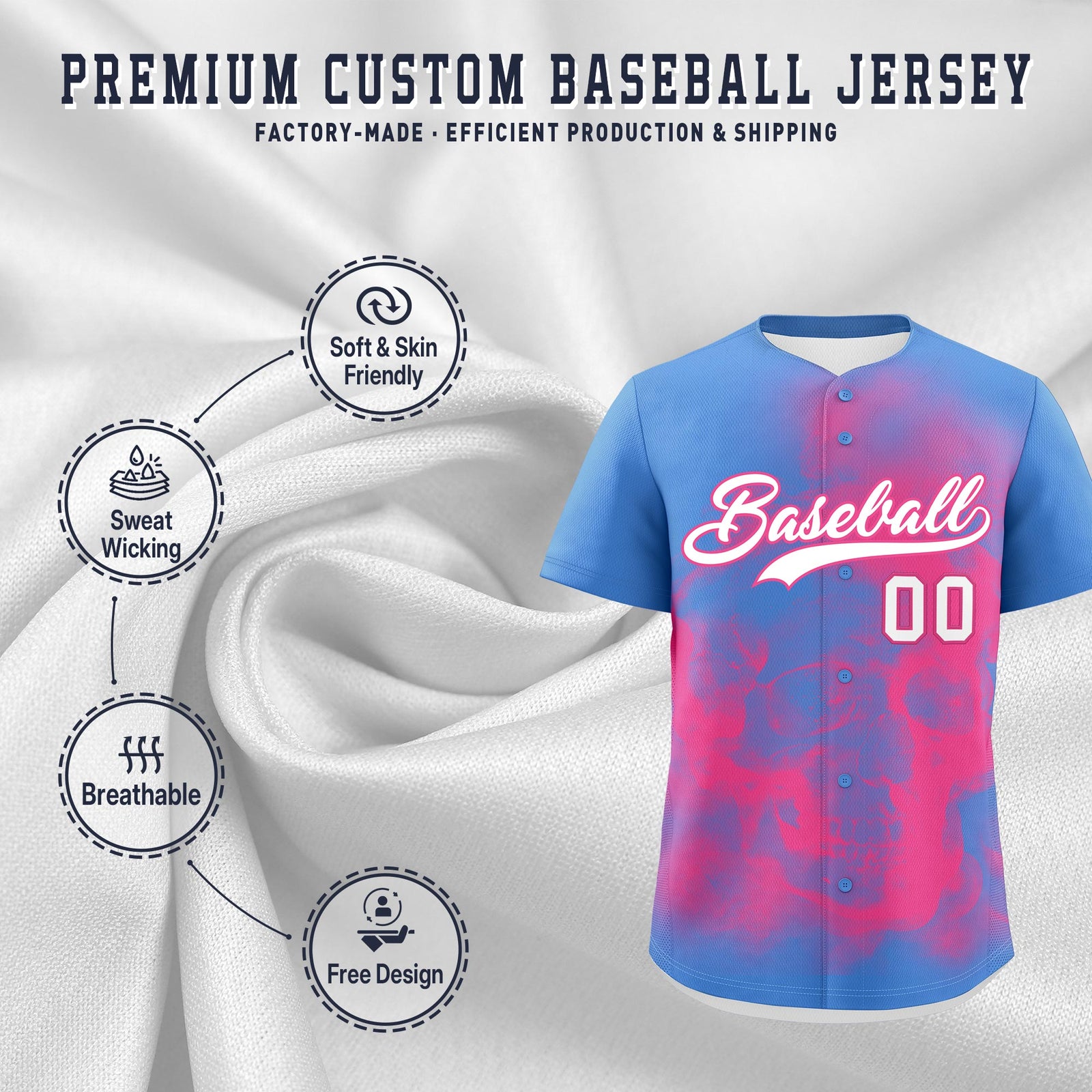 Custom Powder Blue Pink White skeleton Graffiti Pattern Quick Dry Baseball Jersey| KXKSHOP