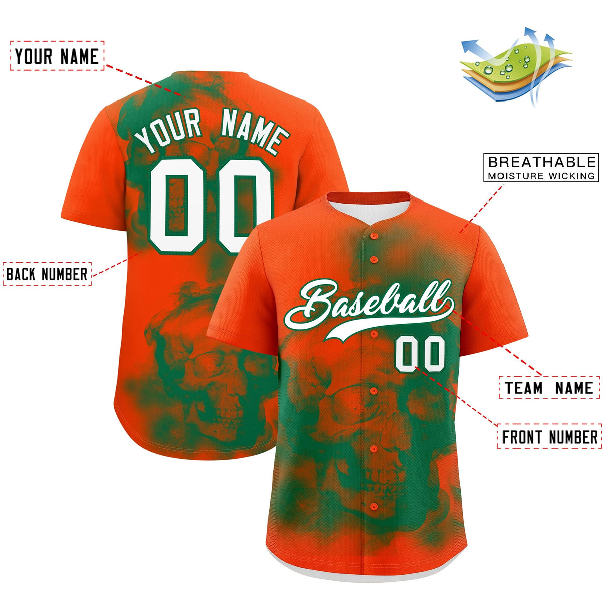 Custom Orange Kelly Green White skeleton Graffiti Pattern Quick Dry Baseball Jersey| KXKSHOP