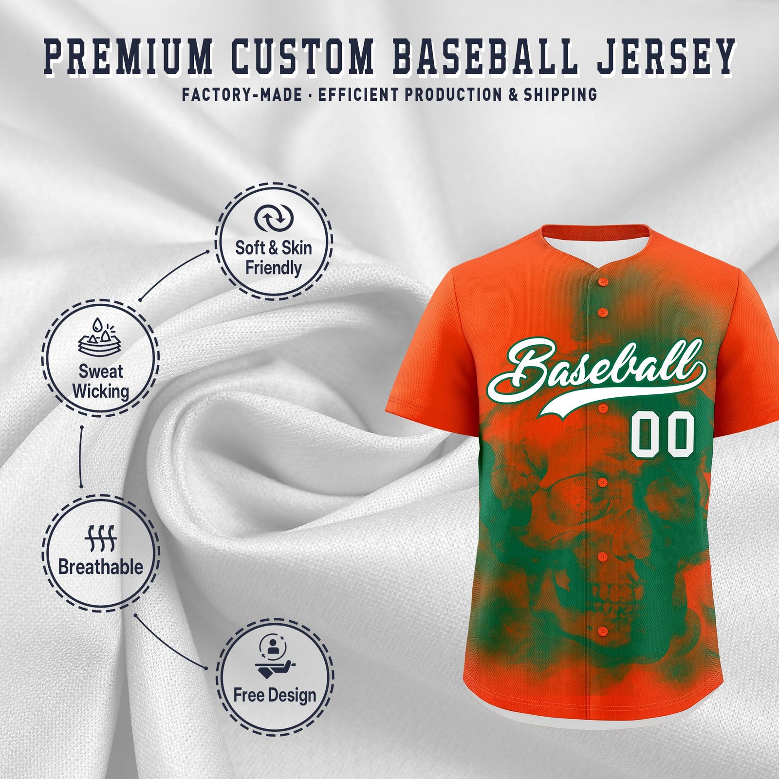 Custom Orange Kelly Green White skeleton Graffiti Pattern Quick Dry Baseball Jersey| KXKSHOP
