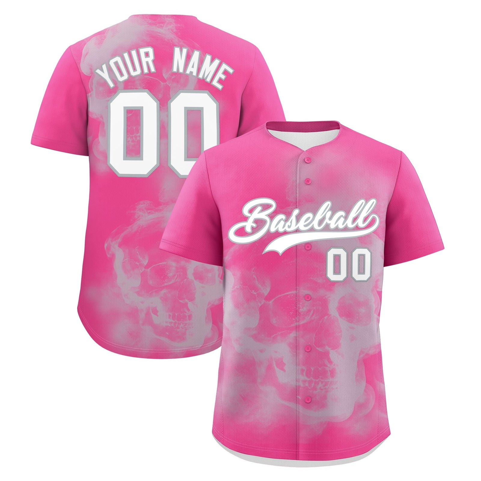Custom Pink Silver White skeleton Graffiti Pattern Quick Dry Baseball Jersey| KXKSHOP