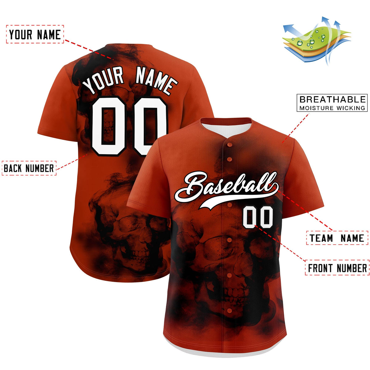 Custom Dark Orange Black White skeleton Graffiti Pattern Quick Dry Baseball Jersey| KXKSHOP