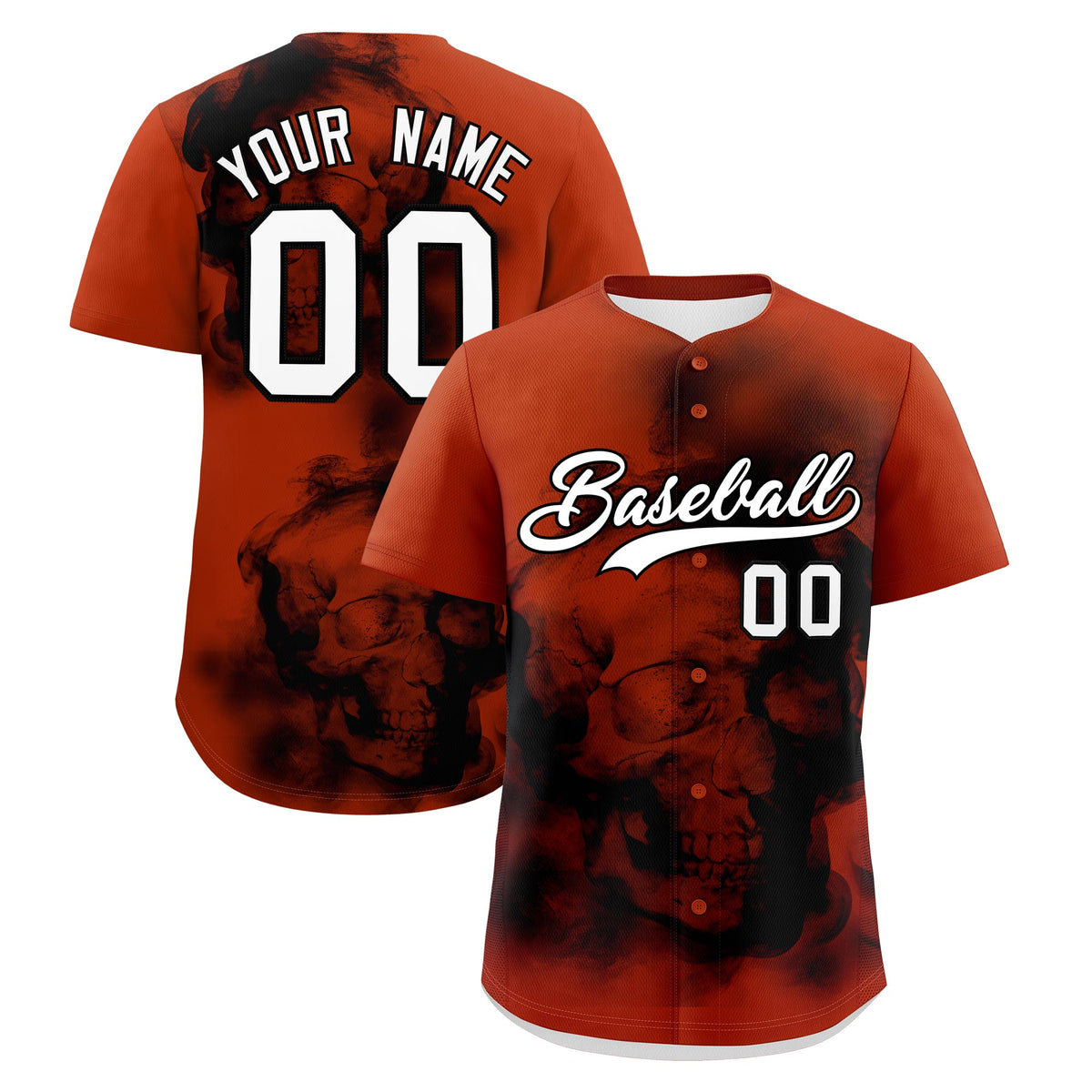 Custom Dark Orange Black White skeleton Graffiti Pattern Quick Dry Baseball Jersey| KXKSHOP