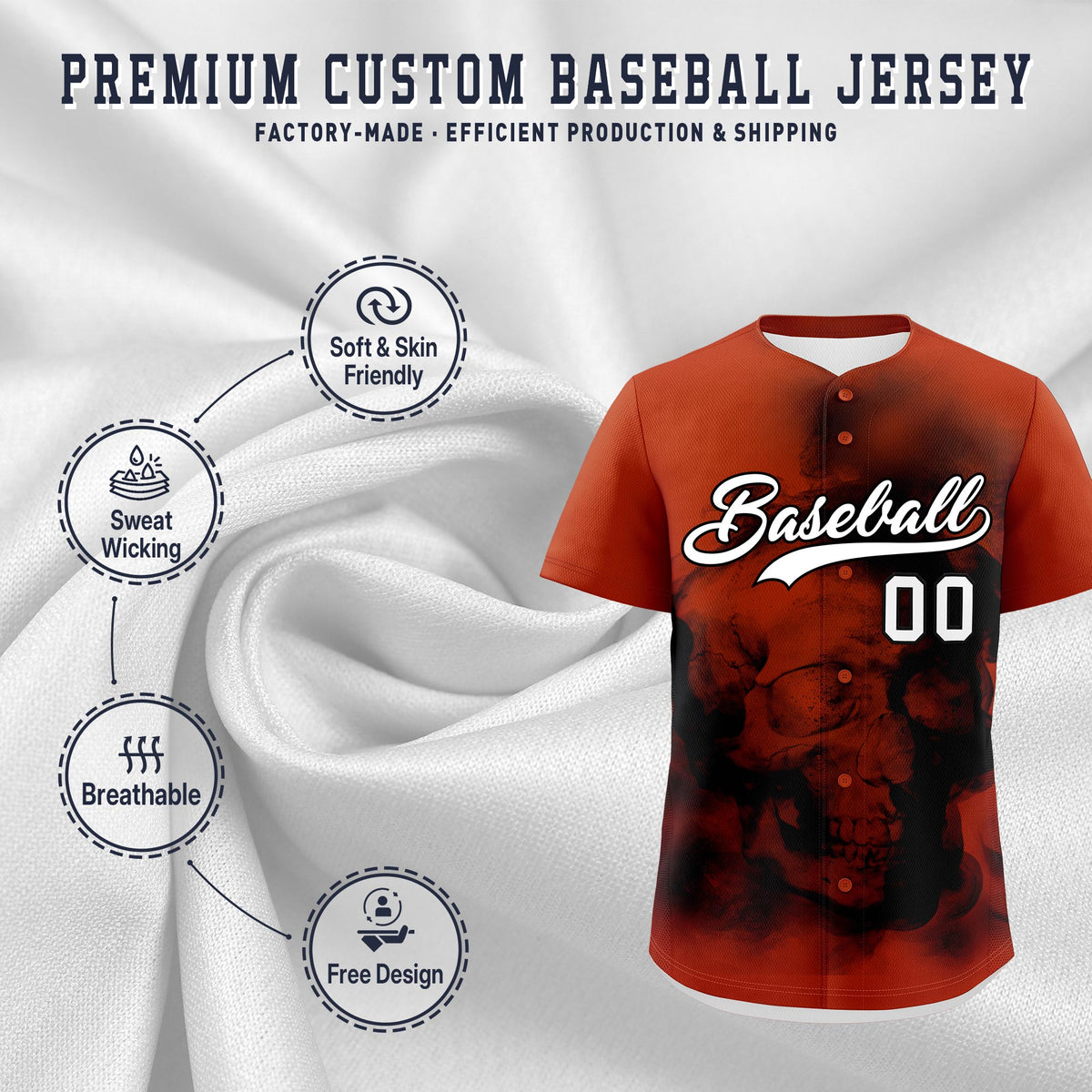 Custom Dark Orange Black White skeleton Graffiti Pattern Quick Dry Baseball Jersey| KXKSHOP