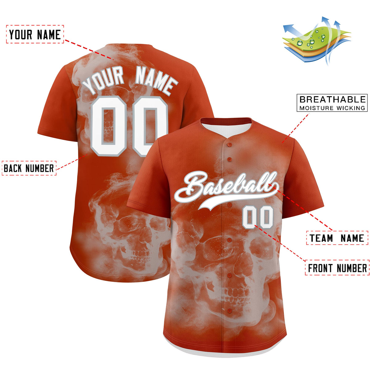 Custom Dark Orange Silver White skeleton Graffiti Pattern Lightweight Baseball Jersey| KXKSHOP