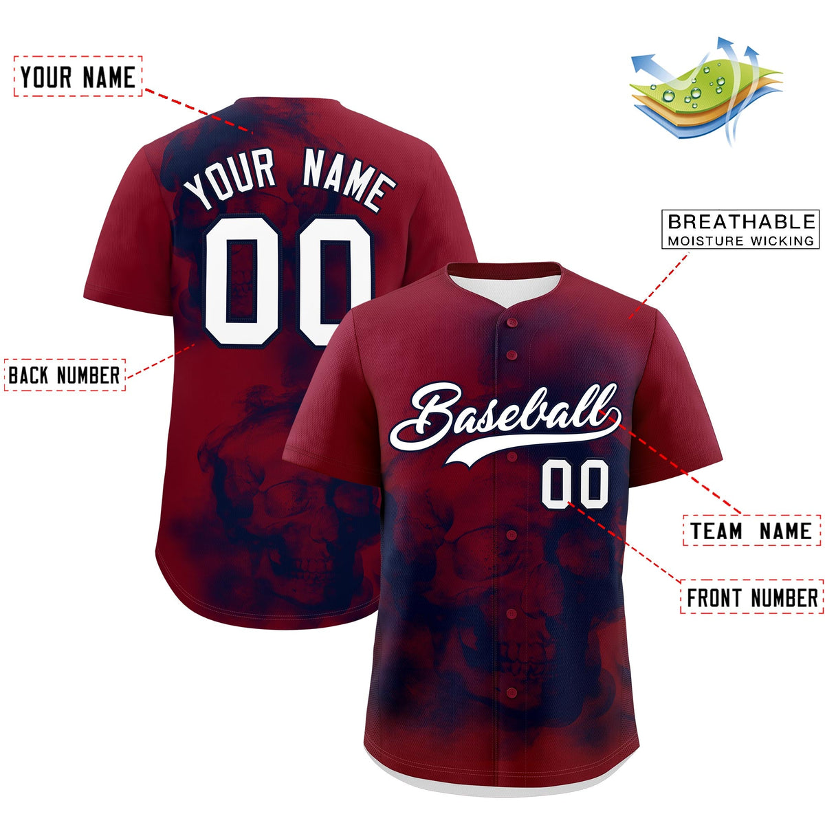 Custom Crimson Navy White skeleton Graffiti Pattern Lightweight Baseball Jersey| KXKSHOP