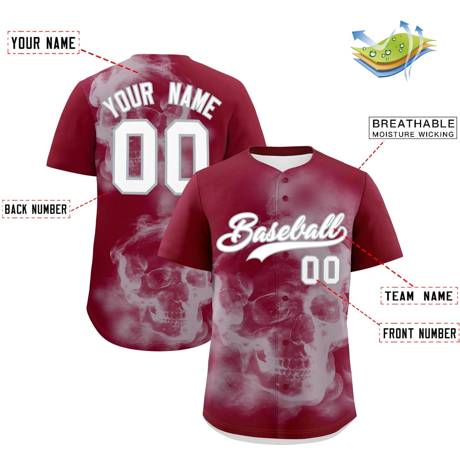 Custom Crimson Silver White skeleton Graffiti Pattern Quick Dry Baseball Jersey| KXKSHOP