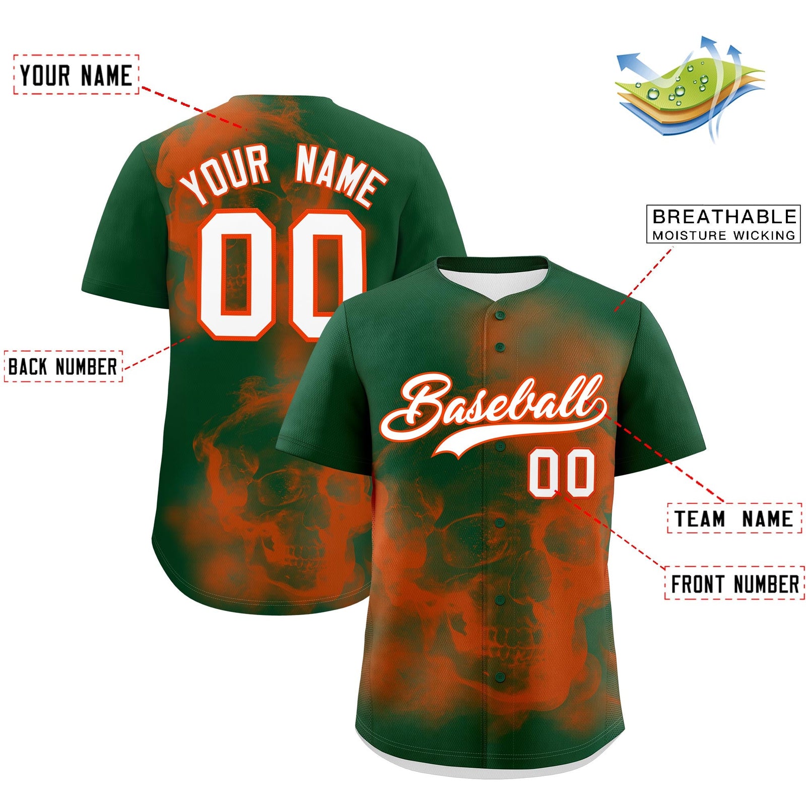 Custom Dark Green Orange White skeleton Graffiti Pattern Quick Dry Baseball Jersey| KXKSHOP