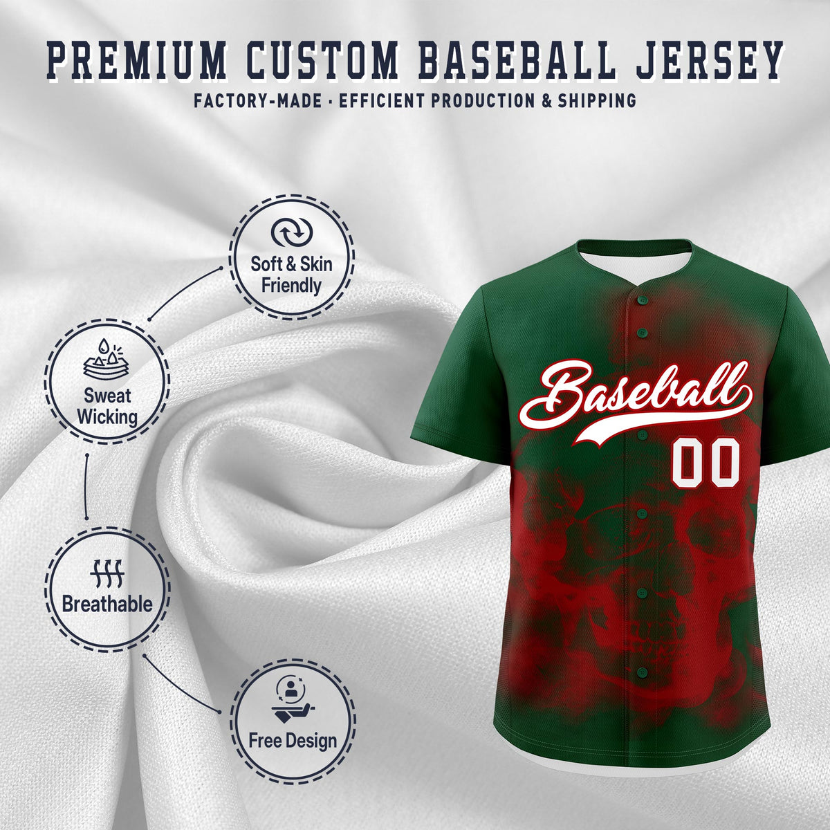 Custom Dark Green Red White skeleton Graffiti Pattern Lightweight Baseball Jersey| KXKSHOP