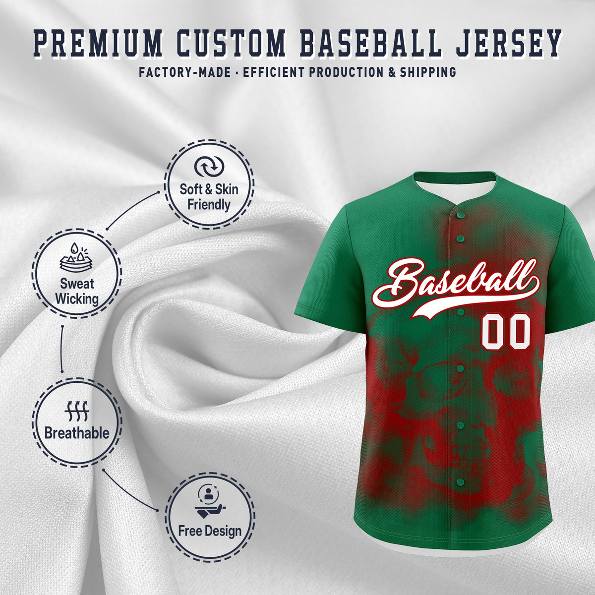 Custom Kelly Green Red White skeleton Graffiti Pattern Quick Dry Baseball Jersey| KXKSHOP
