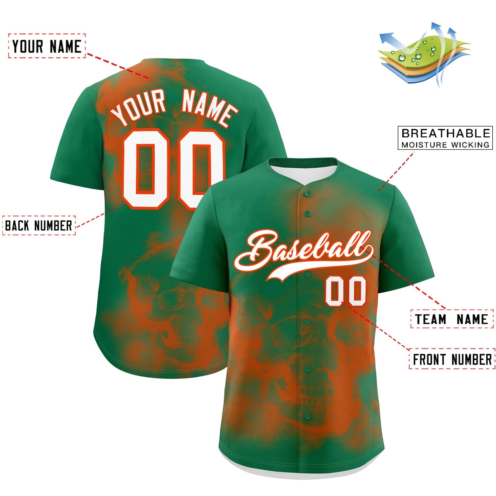 Custom Kelly Green Orange White skeleton Graffiti Pattern Lightweight Baseball Jersey| KXKSHOP