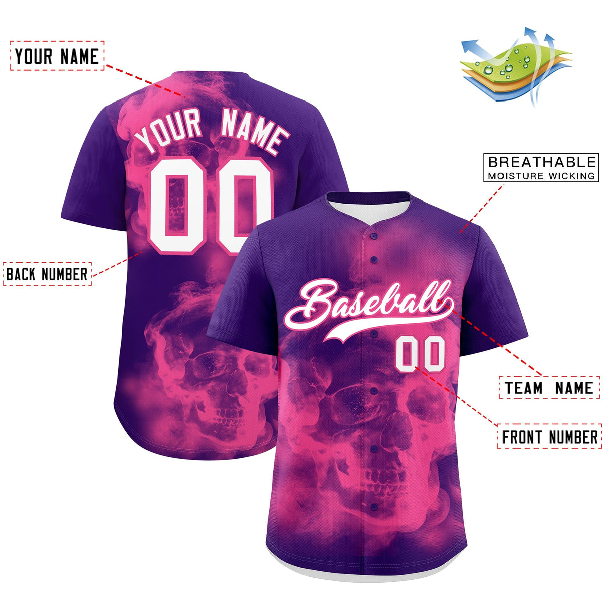 Custom Purple Pink White skeleton Graffiti Pattern Quick Dry Baseball Jersey| KXKSHOP