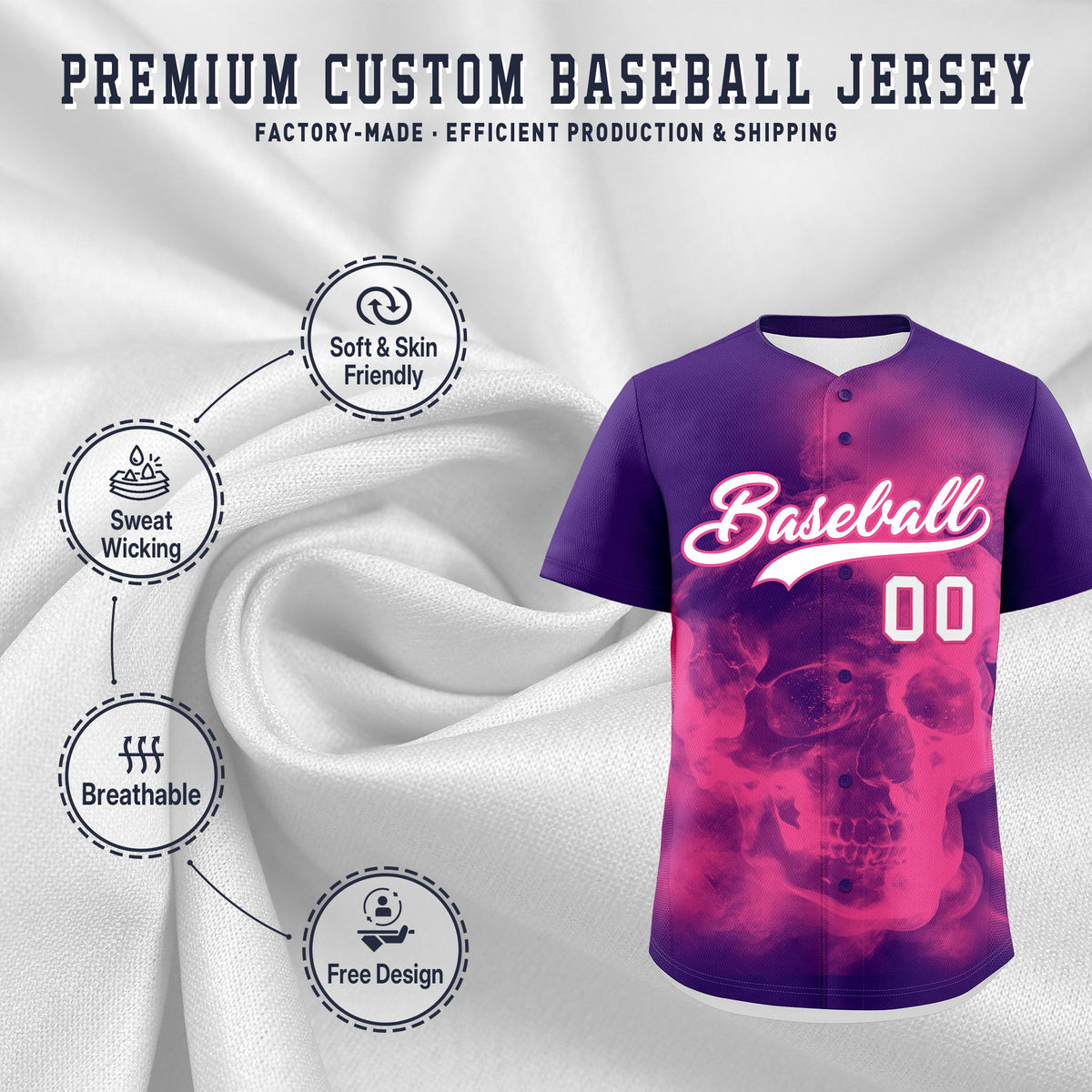 Custom Purple Pink White skeleton Graffiti Pattern Quick Dry Baseball Jersey| KXKSHOP