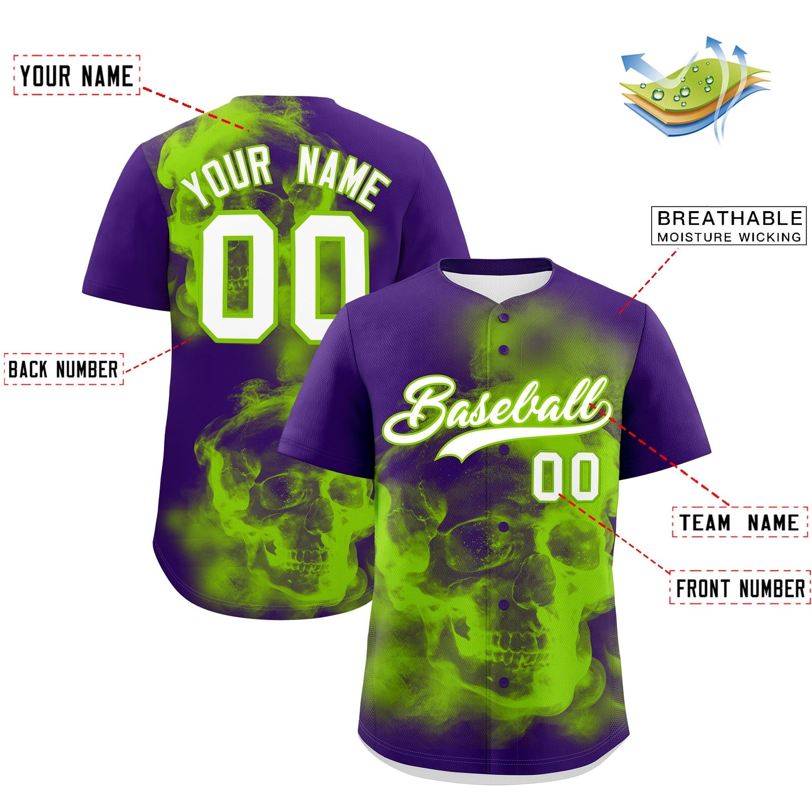 Custom Purple Neon Green White skeleton Graffiti Pattern Quick Dry Baseball Jersey| KXKSHOP