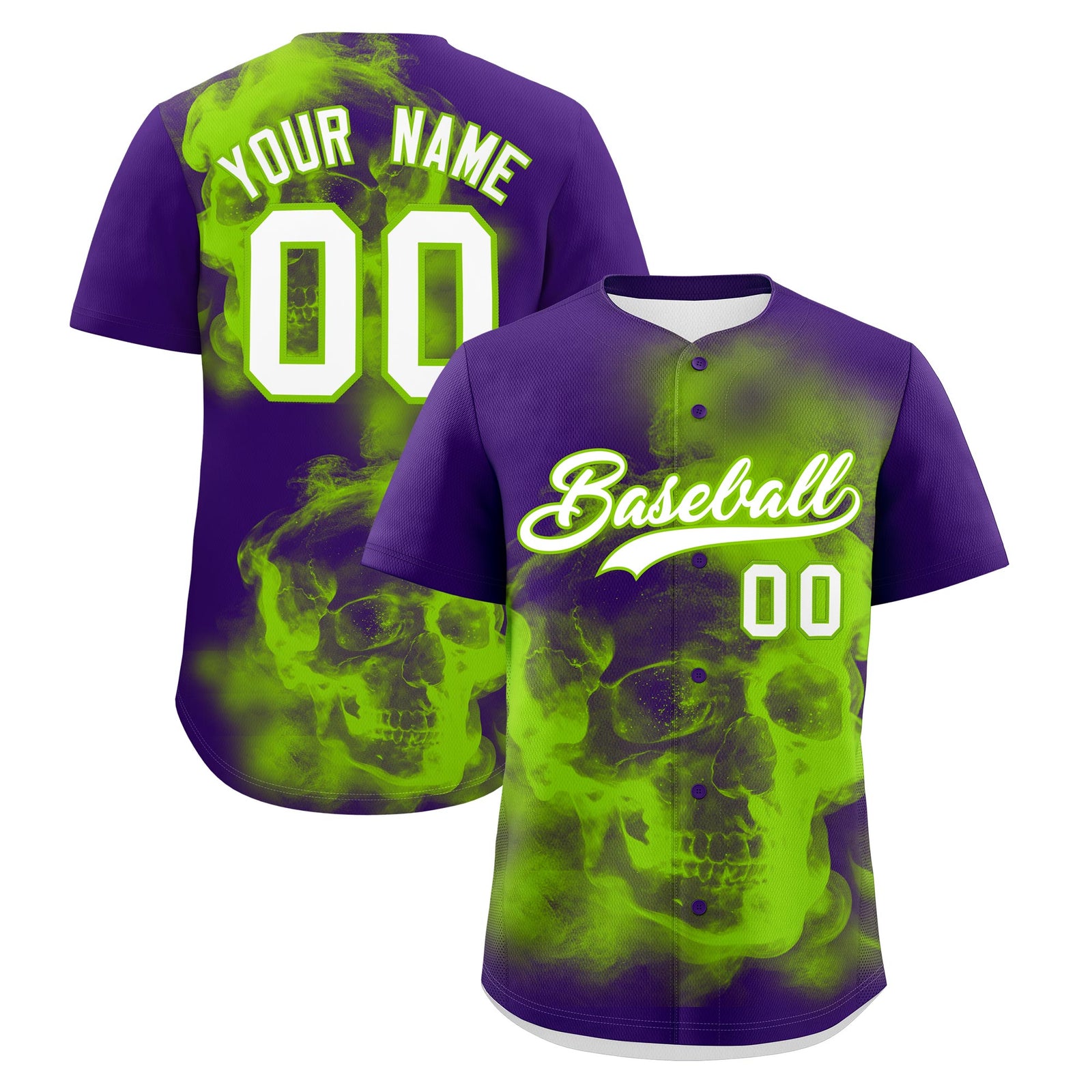 Custom Purple Neon Green White skeleton Graffiti Pattern Quick Dry Baseball Jersey| KXKSHOP