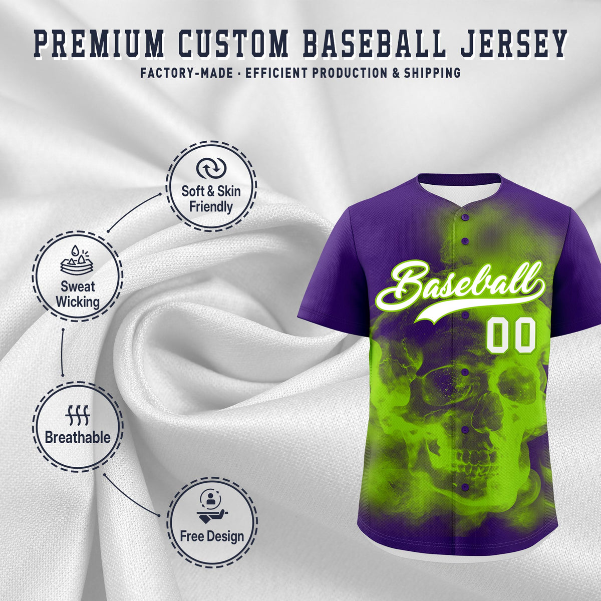 Custom Purple Neon Green White skeleton Graffiti Pattern Quick Dry Baseball Jersey| KXKSHOP