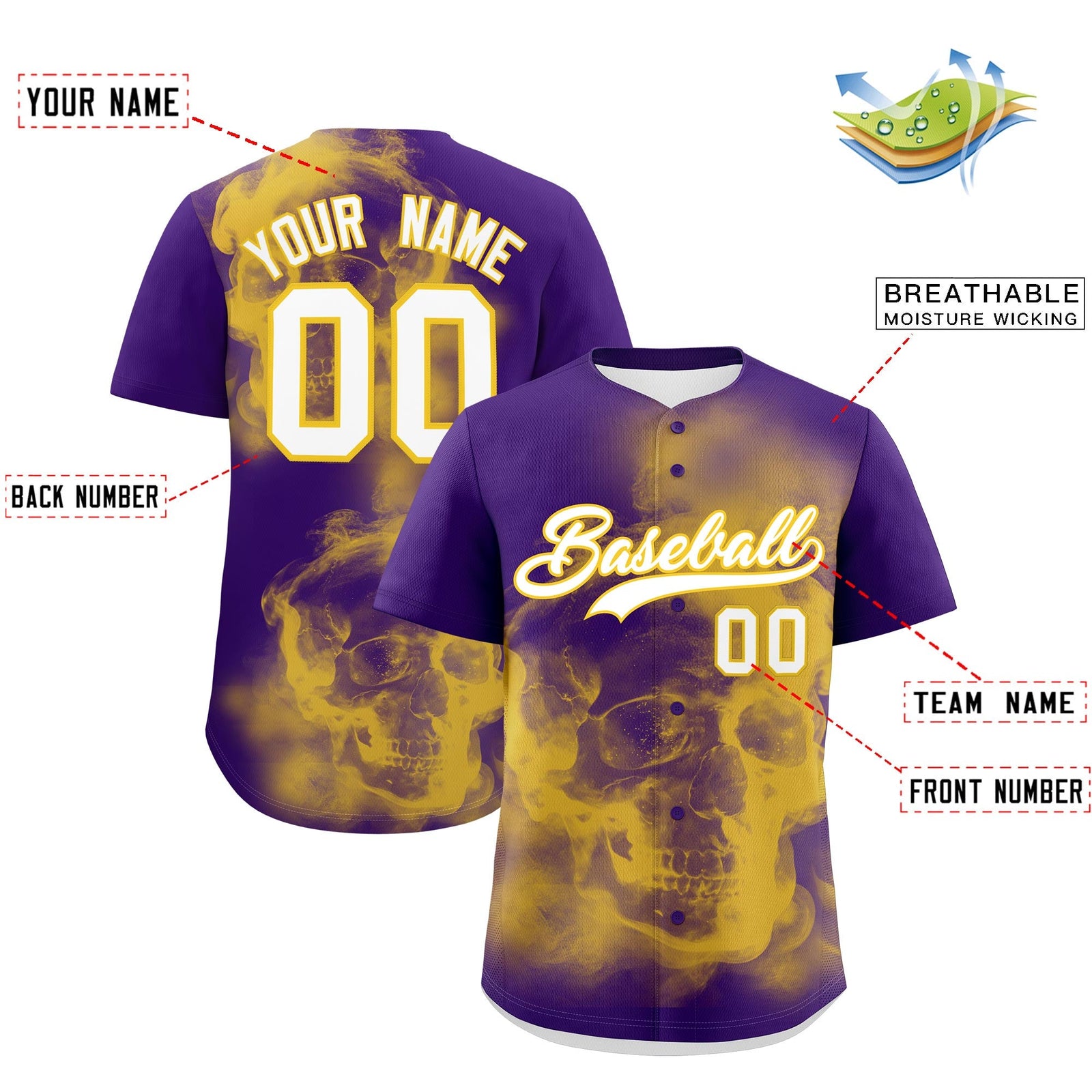 Custom Purple Gold White skeleton Graffiti Pattern Lightweight Baseball Jersey| KXKSHOP