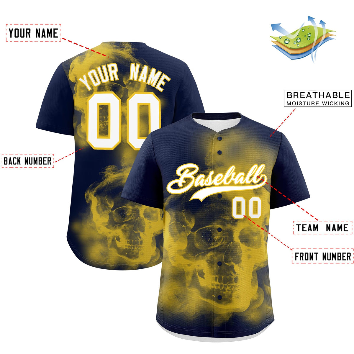 Custom Navy Gold White skeleton Graffiti Pattern Quick Dry Baseball Jersey| KXKSHOP
