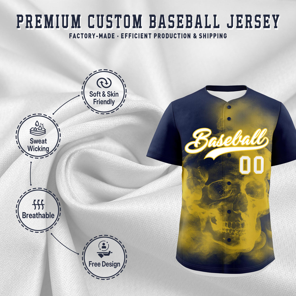 Custom Navy Gold White skeleton Graffiti Pattern Quick Dry Baseball Jersey| KXKSHOP