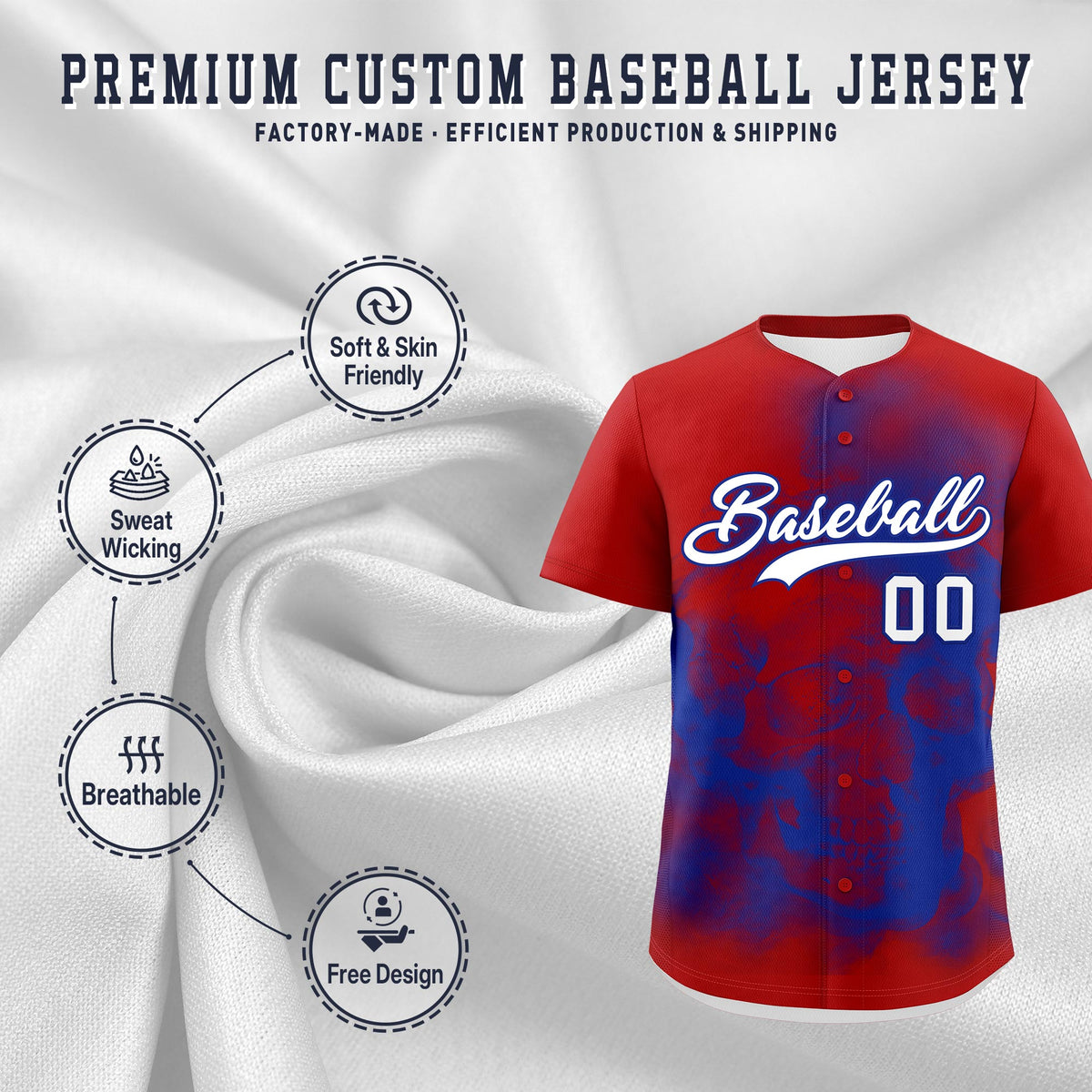Custom Red Royal Blue White skeleton Graffiti Pattern Lightweight Baseball Jersey| KXKSHOP