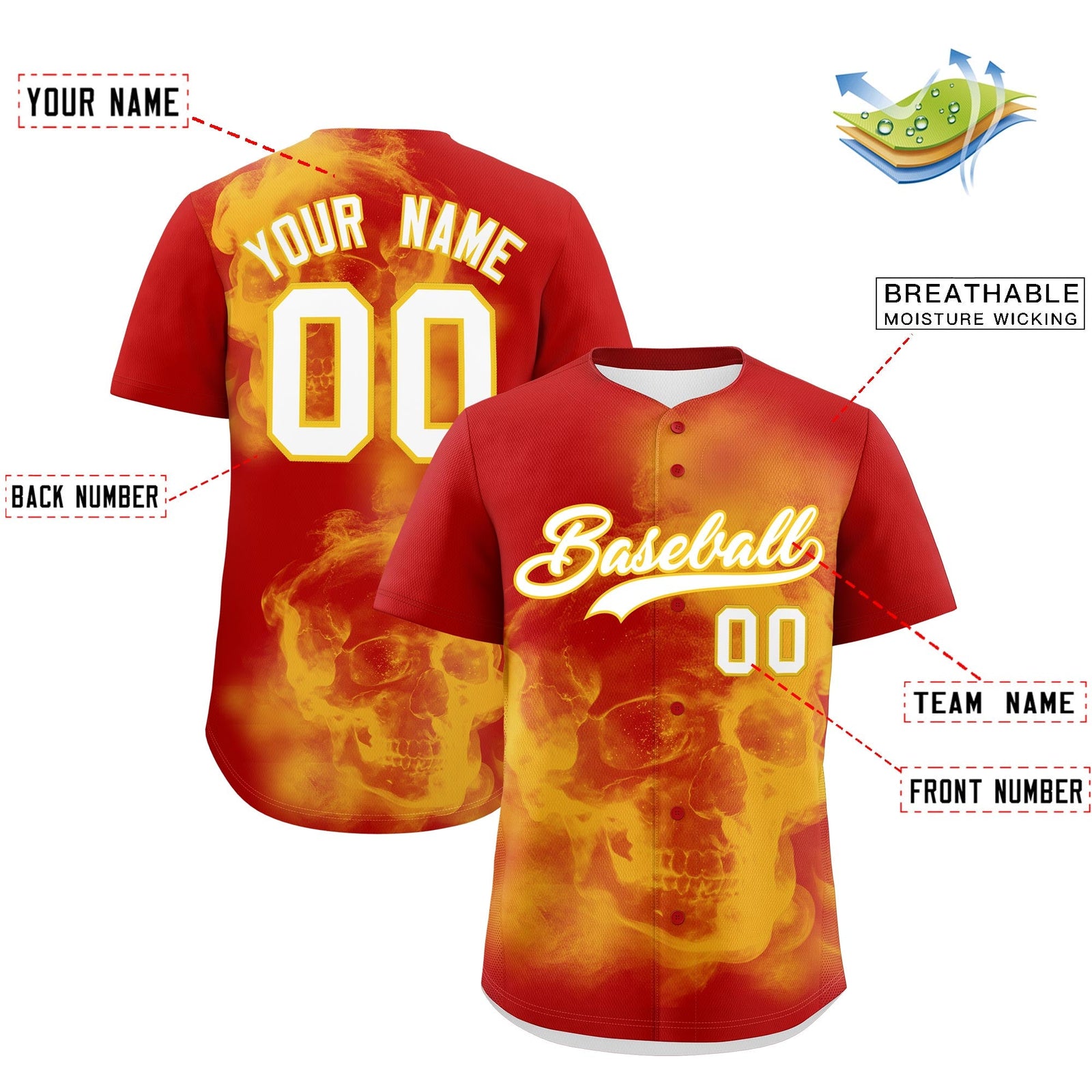 Custom Red Gold White skeleton Graffiti Pattern Quick Dry Baseball Jersey| KXKSHOP