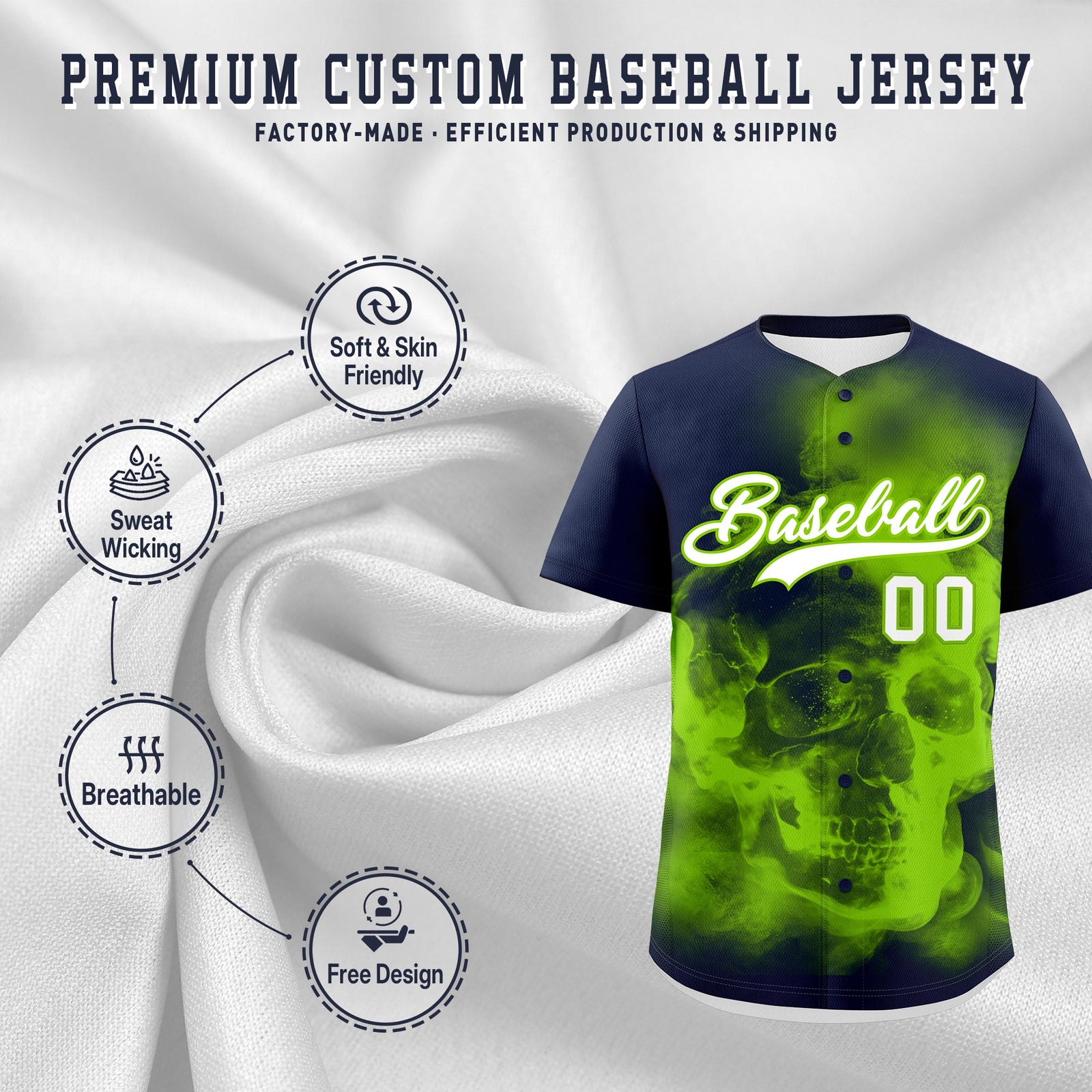 Custom Navy Neon Green White skeleton Graffiti Pattern Lightweight Baseball Jersey| KXKSHOP