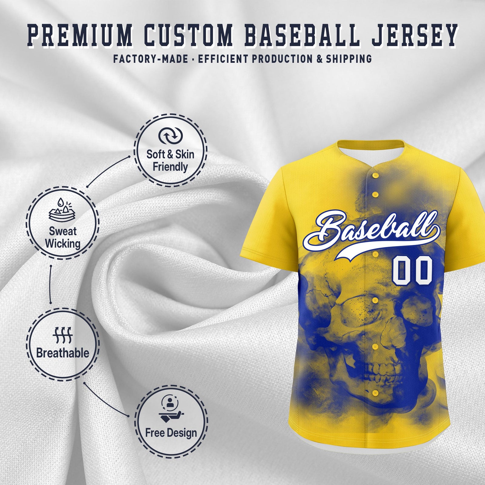 Custom Gold Royal Blue White skeleton Graffiti Pattern Lightweight Baseball Jersey| KXKSHOP