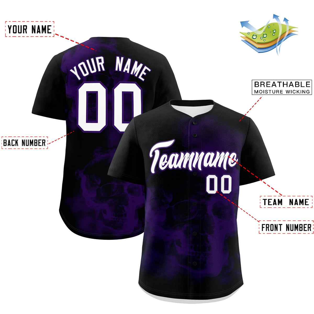 Custom Black Purple White skeleton Graffiti Pattern Quick Dry Baseball Jersey| KXKSHOP