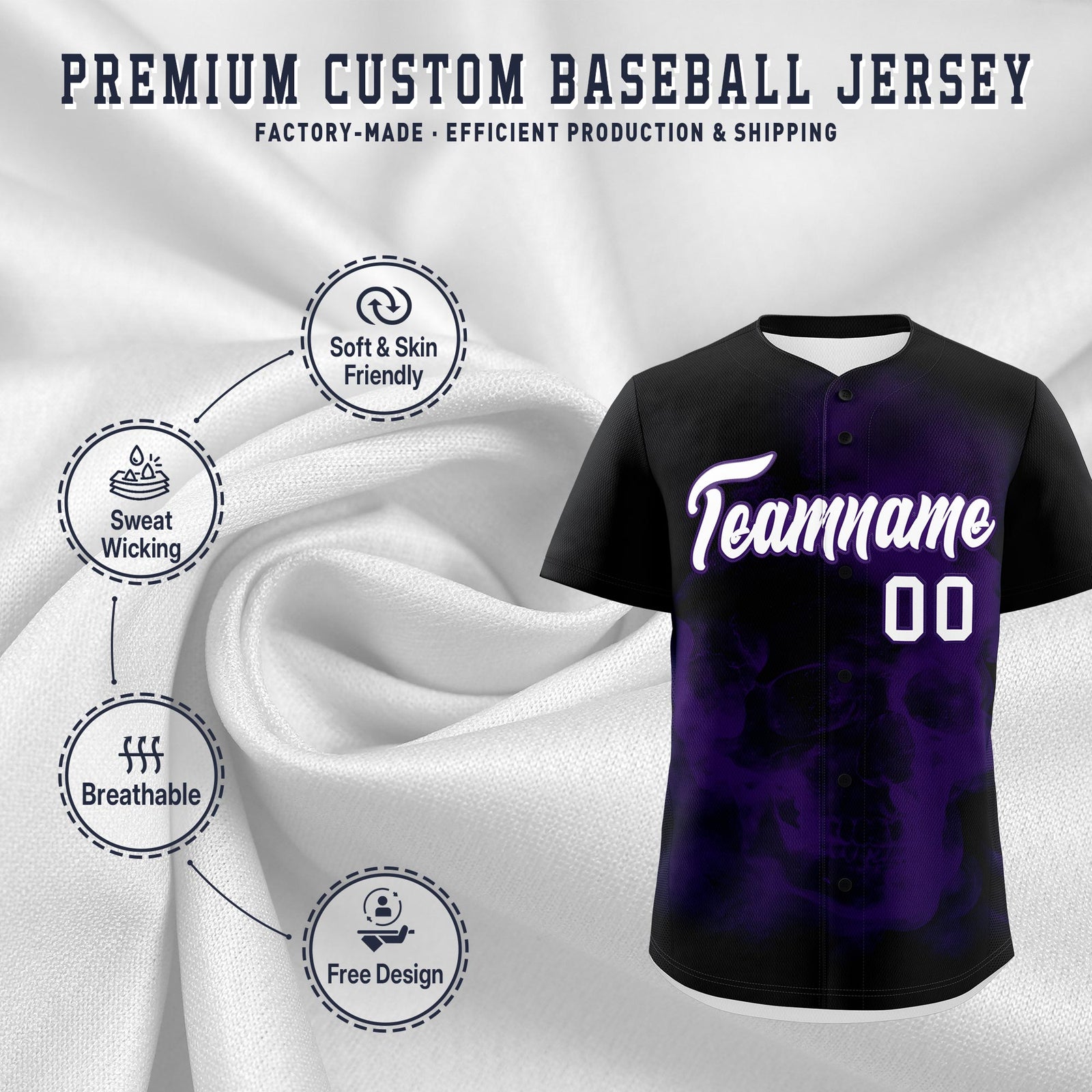 Custom Black Purple White skeleton Graffiti Pattern Quick Dry Baseball Jersey| KXKSHOP