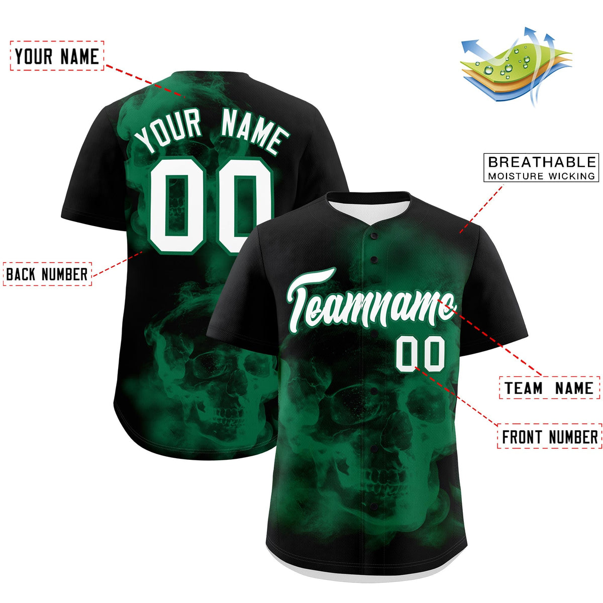 Custom Black Kelly Green White skeleton Graffiti Pattern Quick Dry Baseball Jersey| KXKSHOP