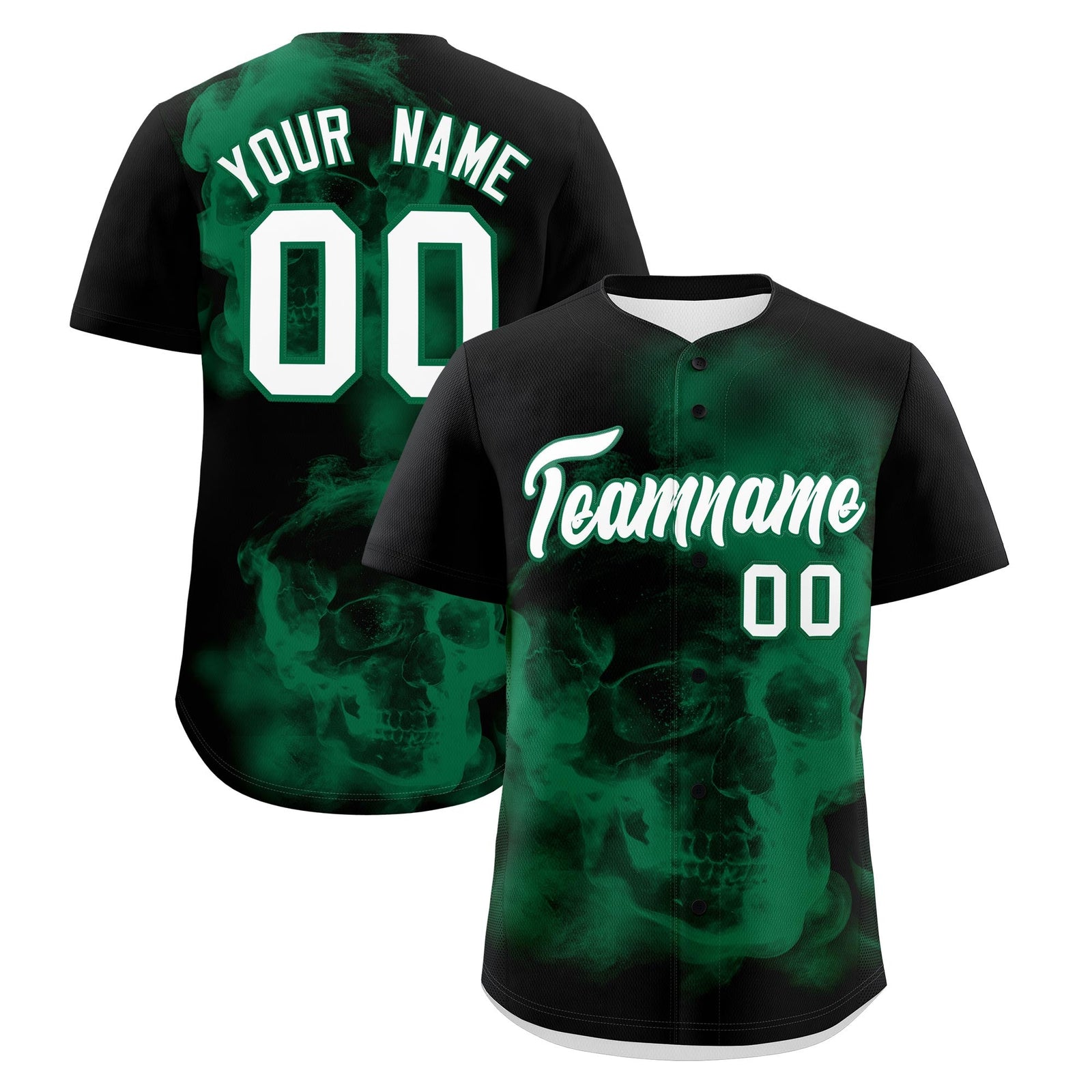 Custom Black Kelly Green White skeleton Graffiti Pattern Quick Dry Baseball Jersey| KXKSHOP