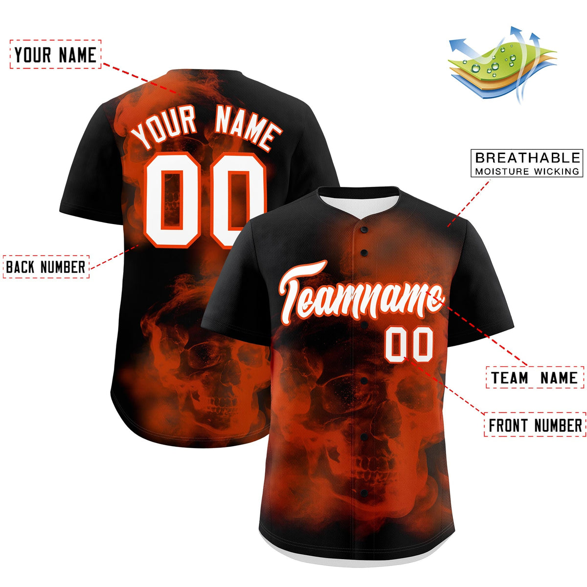 Custom Black Orange White skeleton Graffiti Pattern Quick Dry Baseball Jersey| KXKSHOP